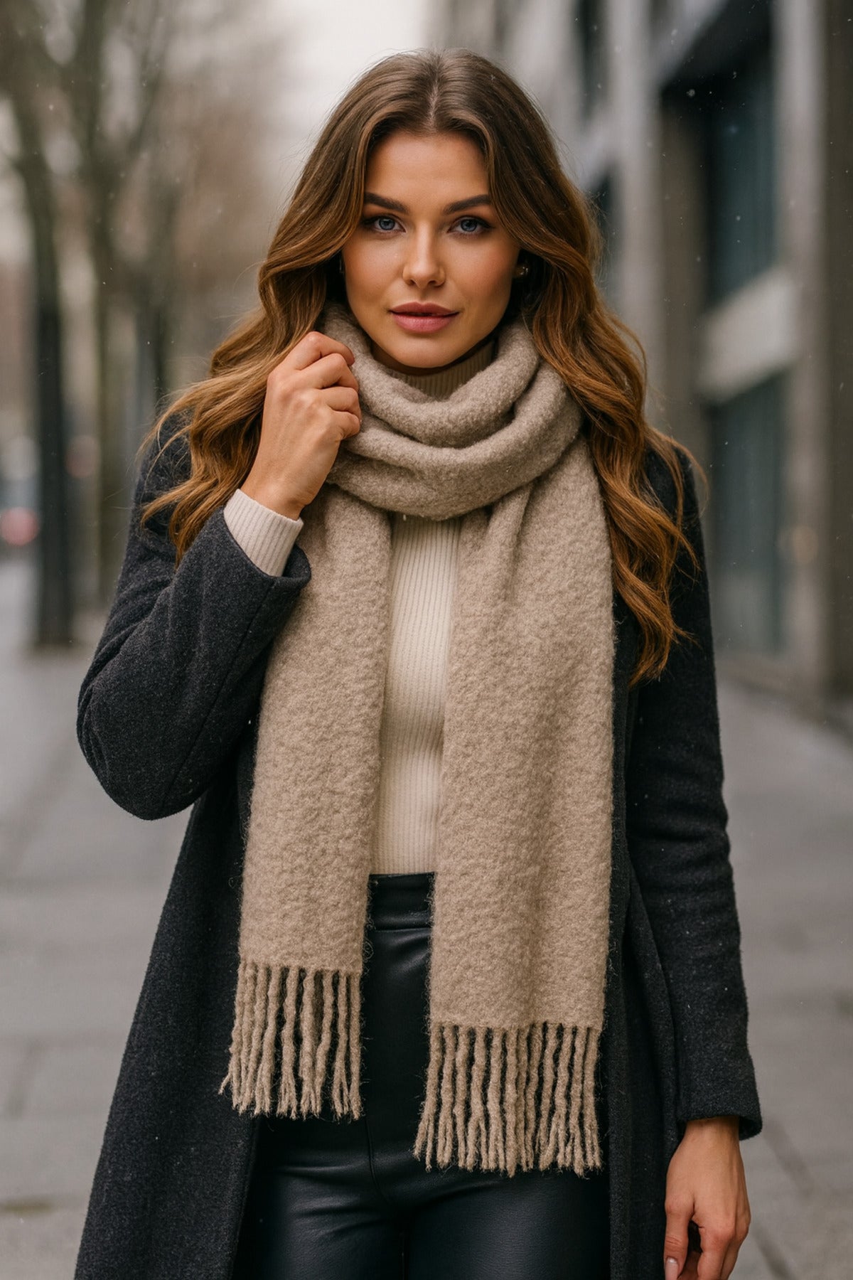 Püsküllü Vizon Kadın Şal Atkı - Yumuşak Şık Ve Rahat Kumaşlı Aksesuar Sal1257