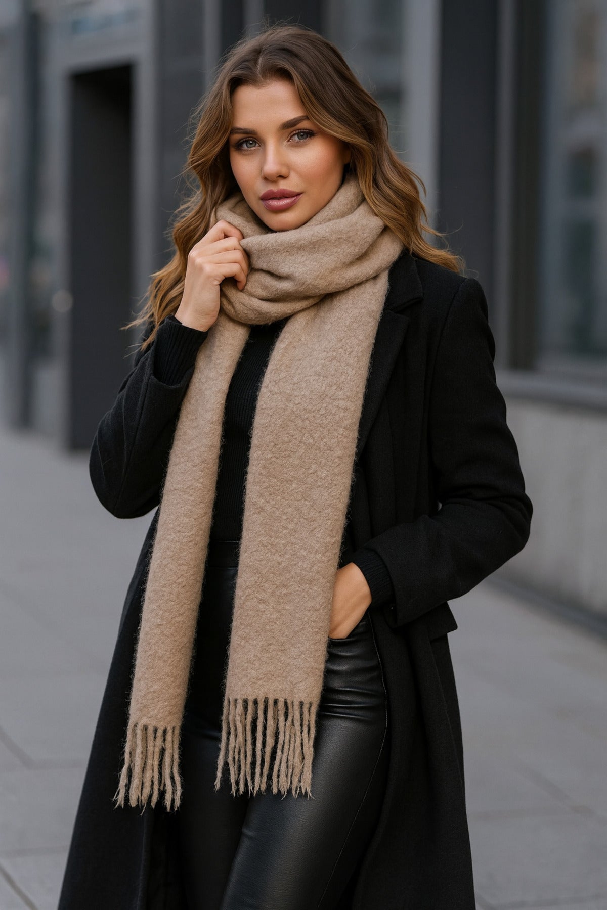 Püsküllü Vizon Kadın Şal Atkı - Yumuşak Şık Ve Rahat Kumaşlı Aksesuar Sal1257