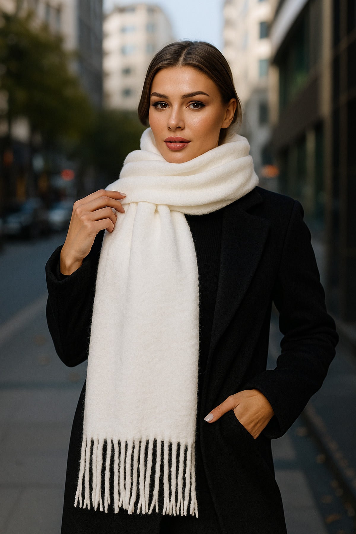 Yumuşak Dokulu Beyaz Püsküllü Kalın Şal - Sıcak Tutan Çok Amaçlı Aksesuar, Günlük Ve Özel ! Sal1257