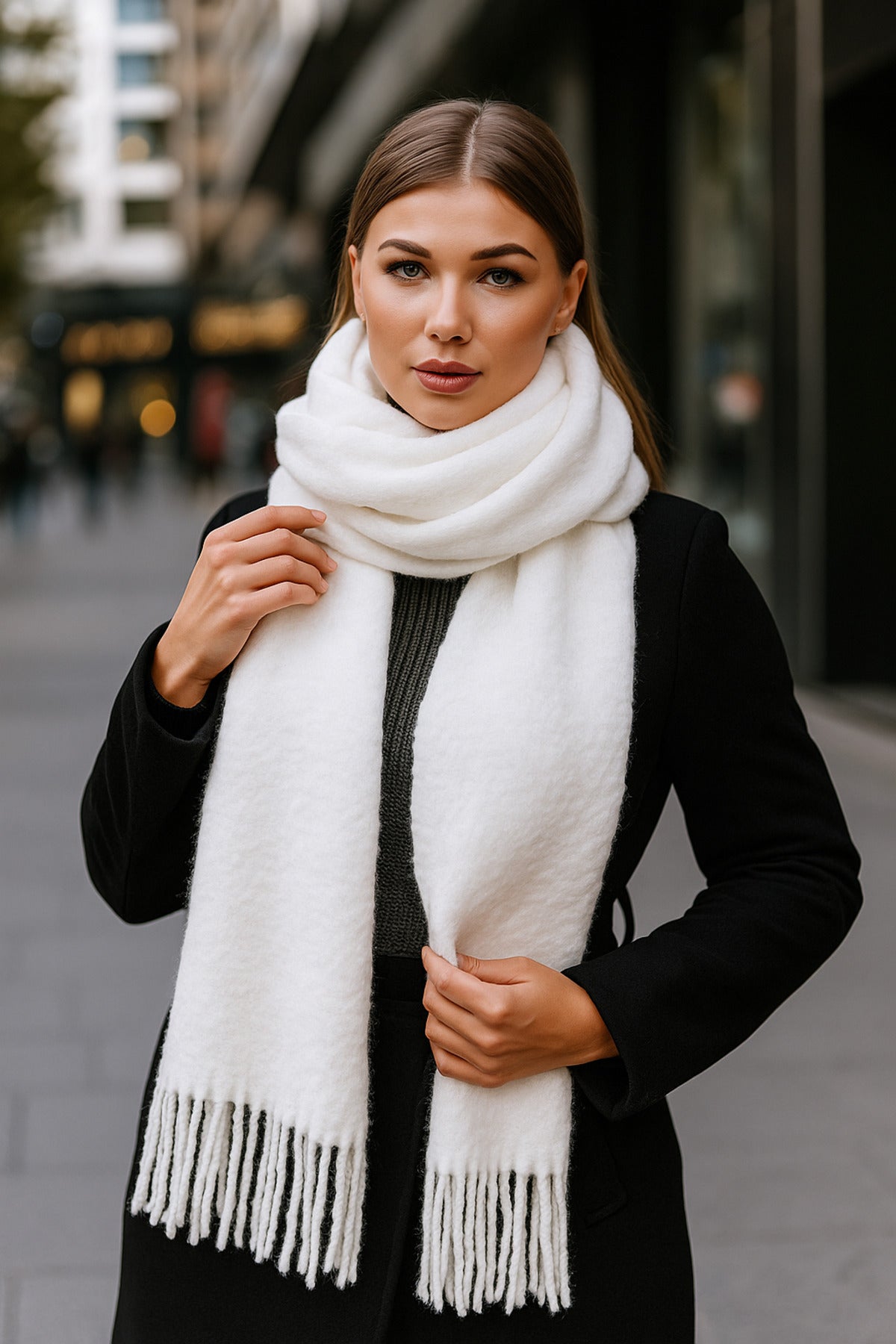 Yumuşak Dokulu Beyaz Püsküllü Kalın Şal - Sıcak Tutan Çok Amaçlı Aksesuar, Günlük Ve Özel ! Sal1257