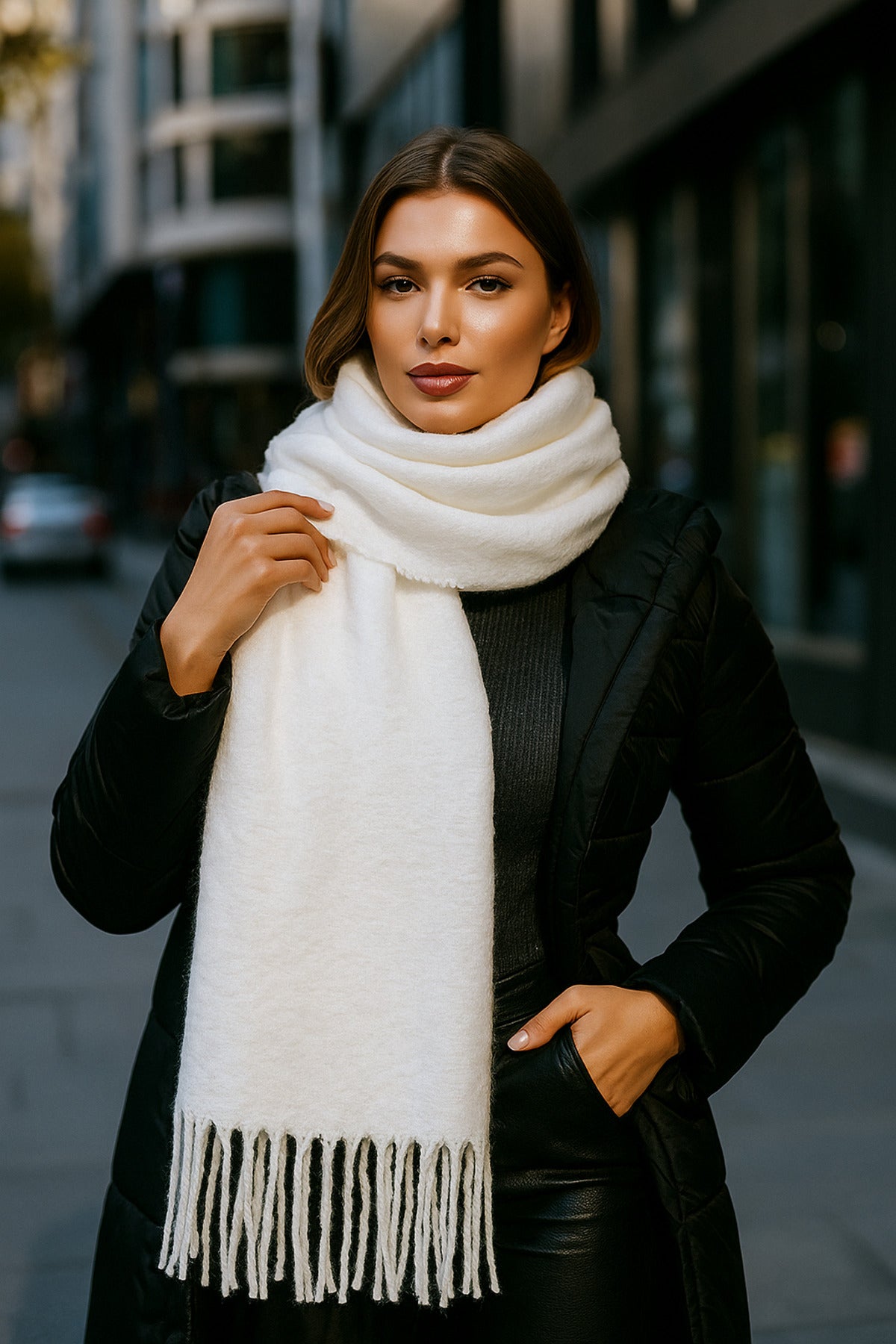 Yumuşak Dokulu Beyaz Püsküllü Kalın Şal - Sıcak Tutan Çok Amaçlı Aksesuar, Günlük Ve Özel ! Sal1257