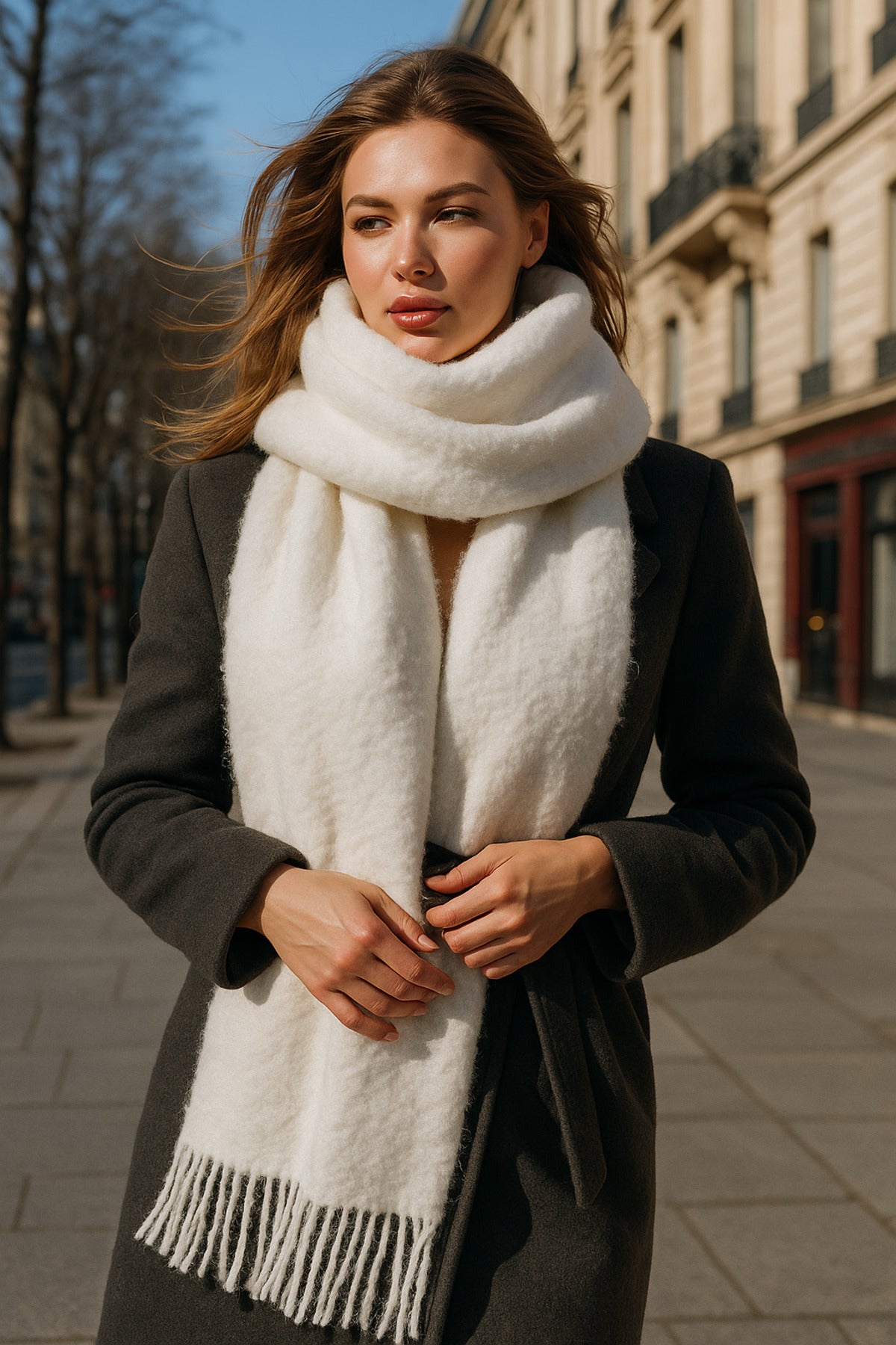 Yumuşak Dokulu Beyaz Püsküllü Kalın Şal - Sıcak Tutan Çok Amaçlı Aksesuar, Günlük Ve Özel ! Sal1257