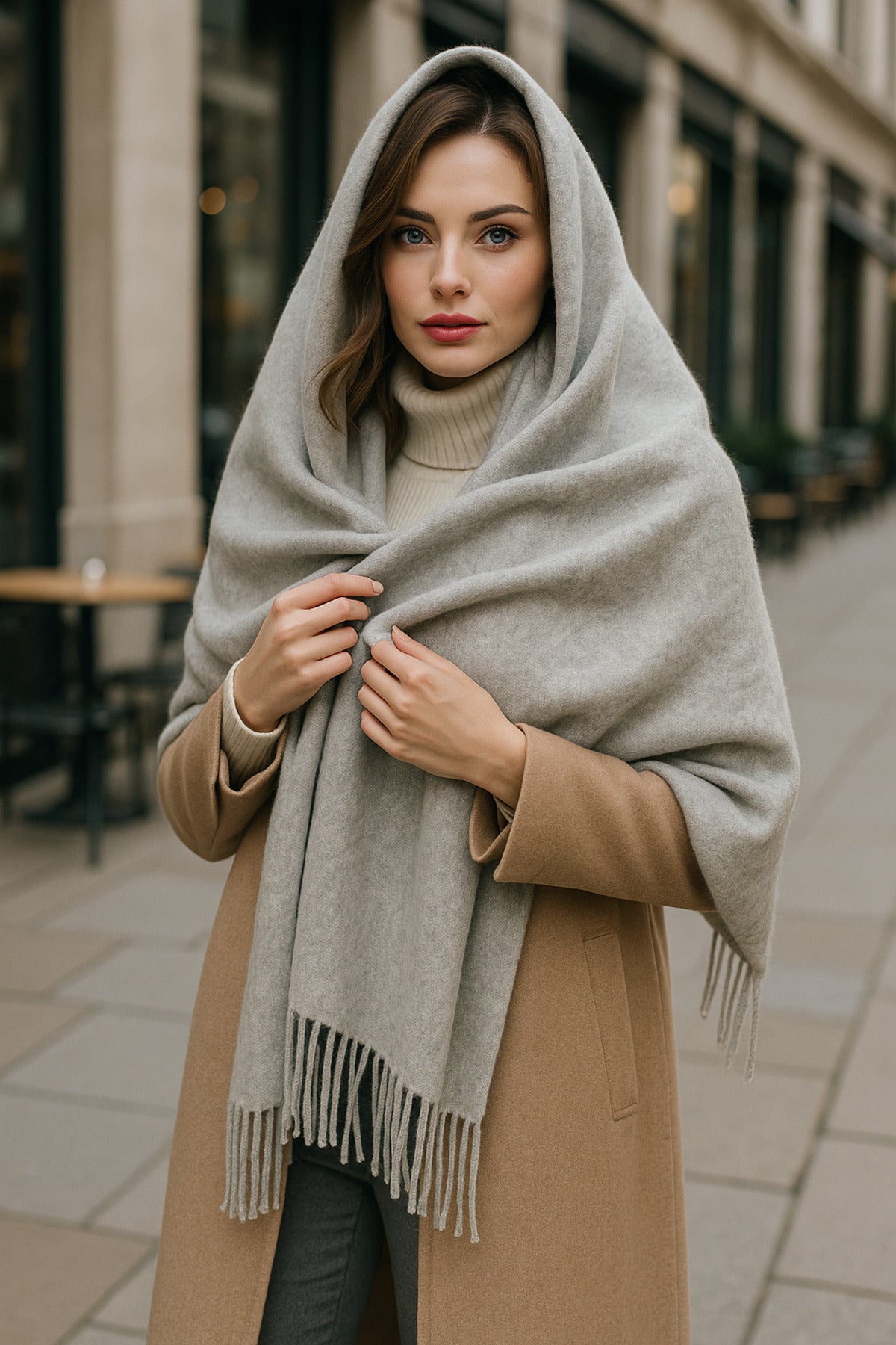 Uzun Gri Kalın Dokulu Püsküllü Unisex Atkı - Sıcak Ve Şık Kış Nesnesi Sal1285