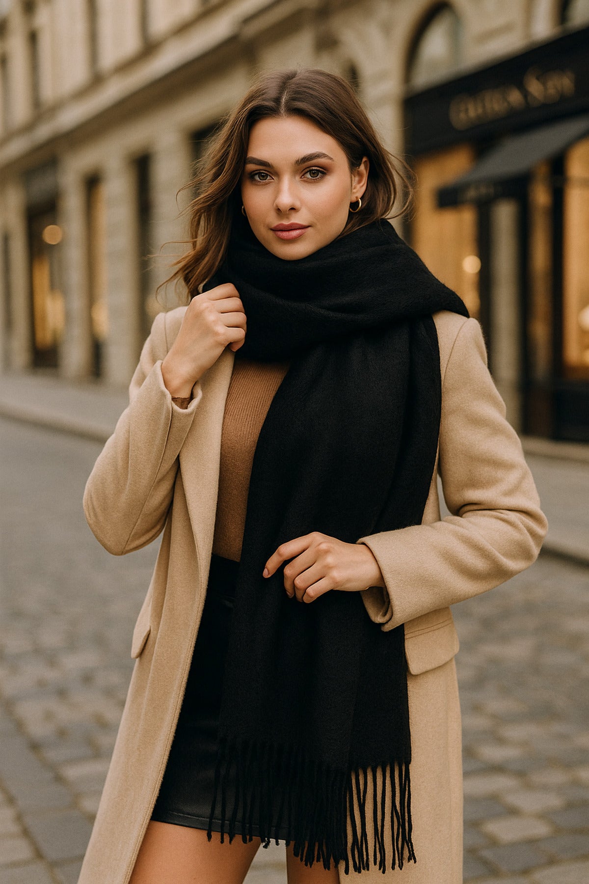 Uzun Siyah Kalın Dokulu Püsküllü Unisex Atkı - Sıcak Ve Şık Kış Nesnesi Sal1285