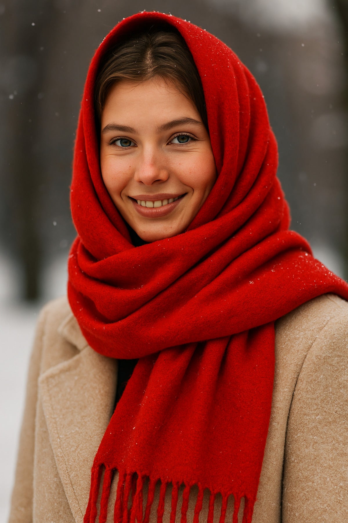 Kırmızı Püsküllü Atkı – Şal Ve Geniş Yapı, Soğuk Hava Için Ideal Sal1296