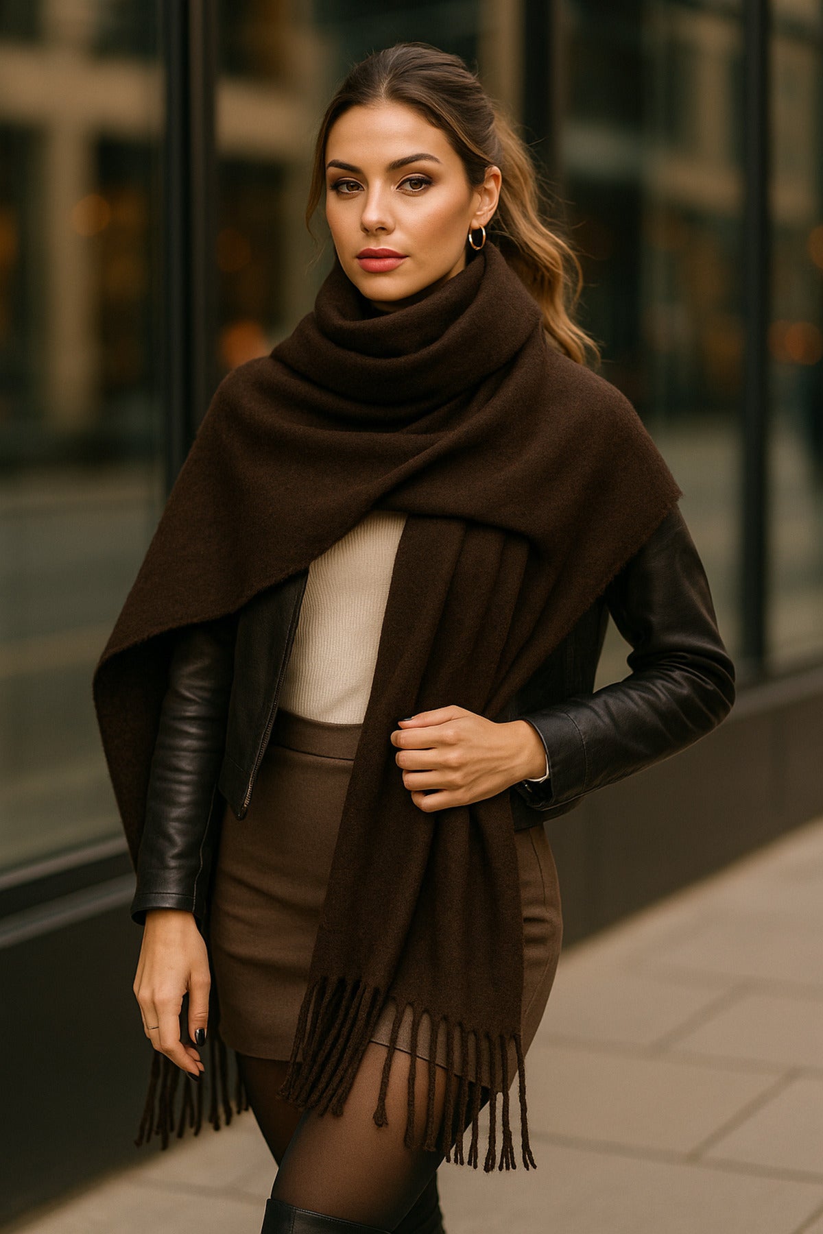 Acı Kahve Püsküllü Atkı – Şal Yumuşak Ve Geniş Yapı, Soğuk Hava Için Ideal Sal1296