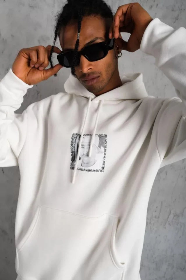 Men's Front and Back Printed Hoodie Sweatshirt - White
