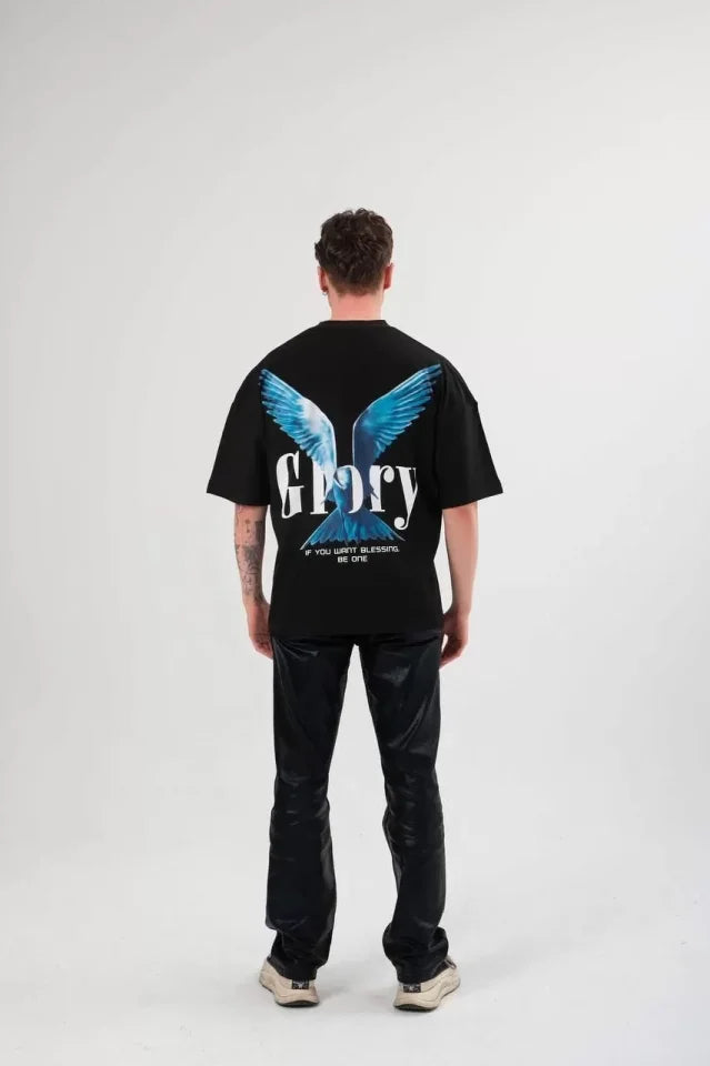 Unisex Crew Neck Printed Oversize T-Shirt - Black