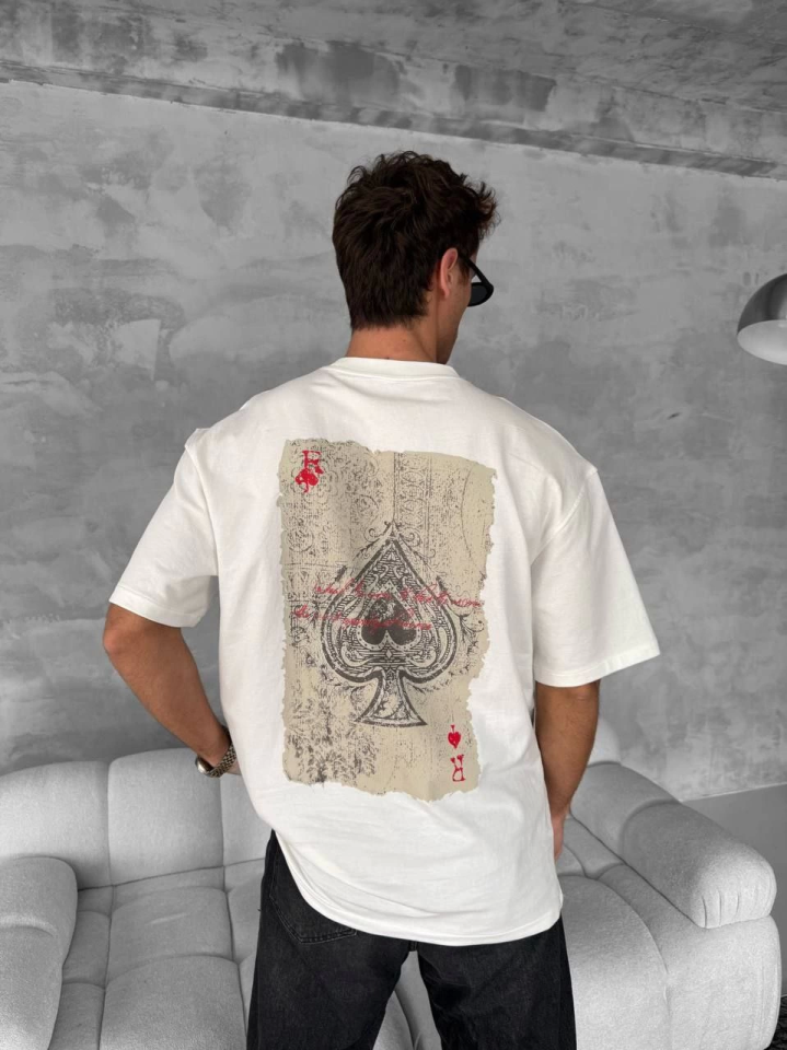 Erkek Ön Ve Arka Baskılı Oversize Bisiklet Yaka T-shirt - Beyaz