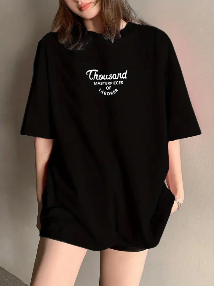 Thousand Baskılı Oversize Bisiklet Yaka T-shirt - Siyah