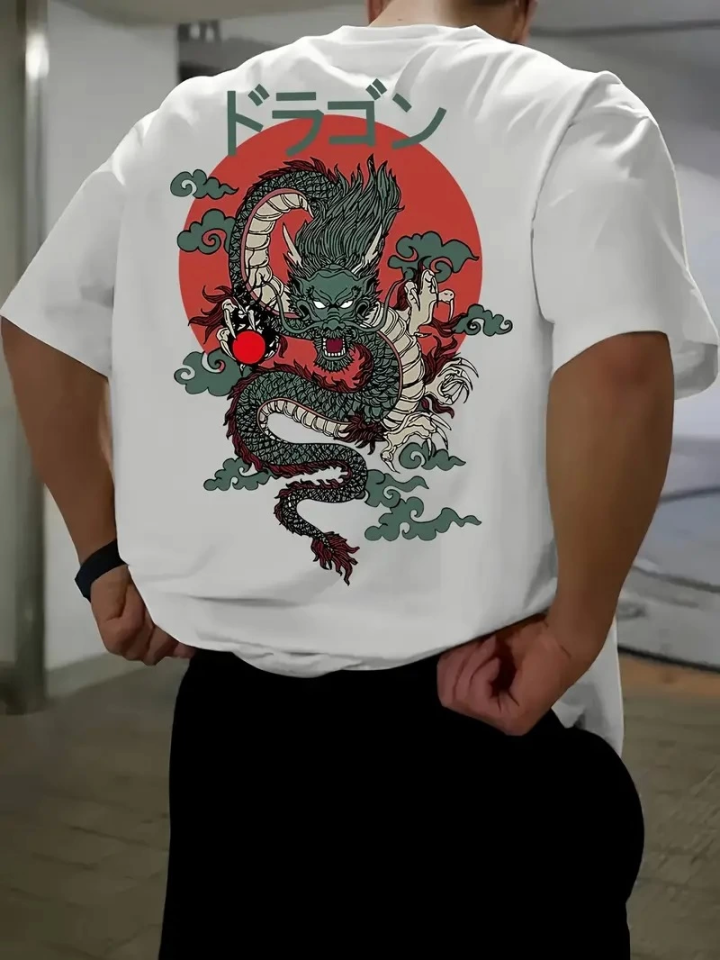 Baskılı Oversize Bisiklet Yaka T-shirt - Beyaz