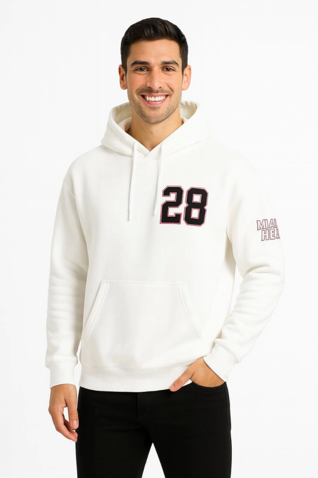Üç İplik Kapüşonlu Ön Ve Arka Baskılı SweatShirt Hoodie - Beyaz