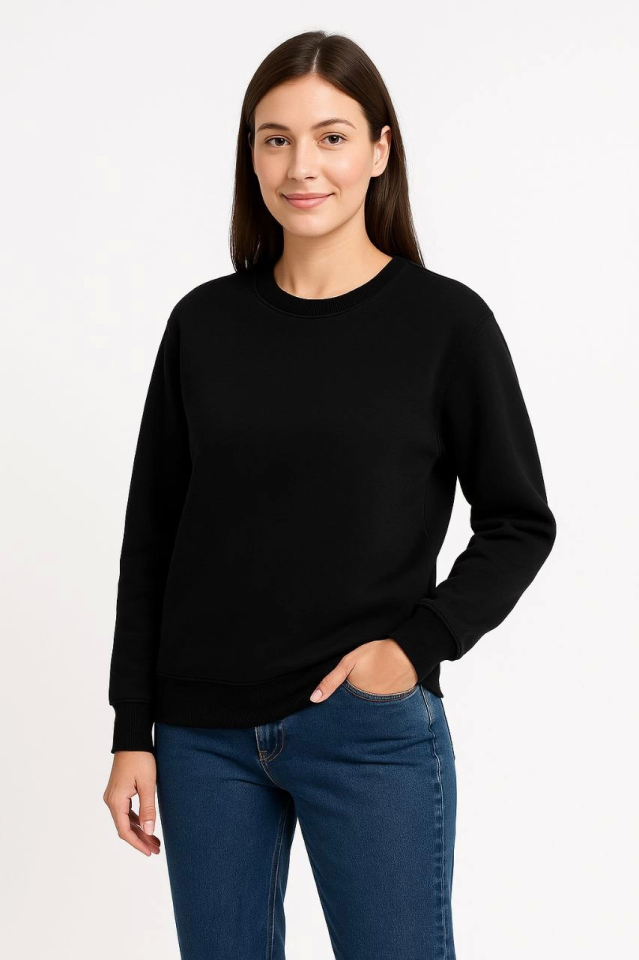 Üç İplik Düz Bisiklet Yaka SweatShirt  - Siyah