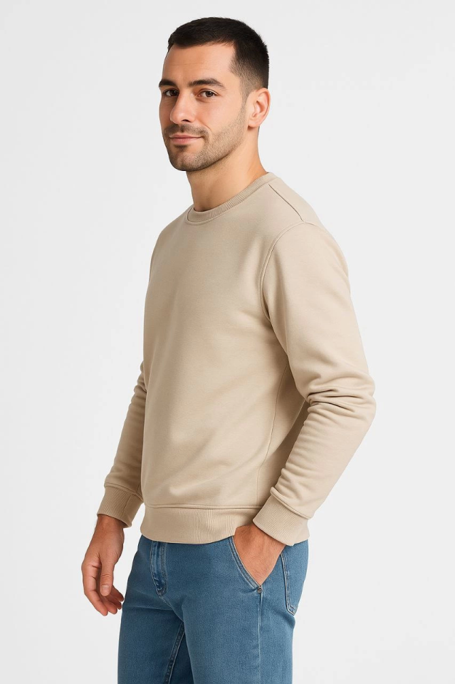 Erkek Üç İplik Düz Bisiklet Yaka SweatShirt - Bej