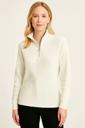 WOMEN’S Half-Zip Knit Sweater – Thessaloniki Knit, Stand-Up Collar, Cotton Fabric, Oversized Long-Sleeve Winter Style - White