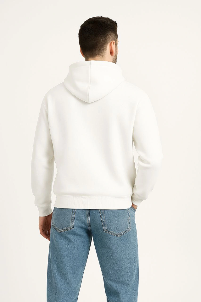 Erkek Kapüşonlu Sweatshirt Hoodie 3 İplik Şardonlu Pamuklu Kumaş, Önü Baskılı, Fermuarlı Rahat Kalıp, Kışlık Ve Sokak Stili Sweat - Beyaz