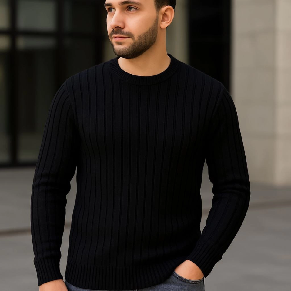 Erkek Fitilli Triko Kazak 3lü Set Bej Gri Siyah Regular Fit Bisiklet Yaka Triko Seti Kazak Modeli
