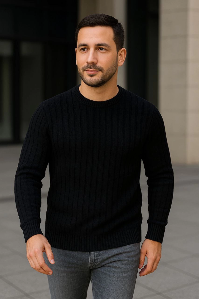 Erkek Fitilli Triko Kazak 3lü Set Bej Gri Siyah Regular Fit Bisiklet Yaka Triko Seti Kazak Modeli
