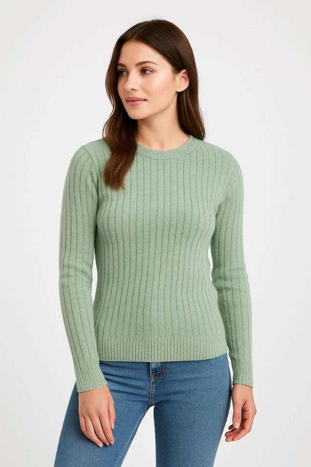 Erkek Bisiklet Yuvarlak Yaka Triko Kazak Pamuklu Kalın Fitilli Dokuma, Regular Fit Uzun Kollu Kışlık Model - Mint Yeşili