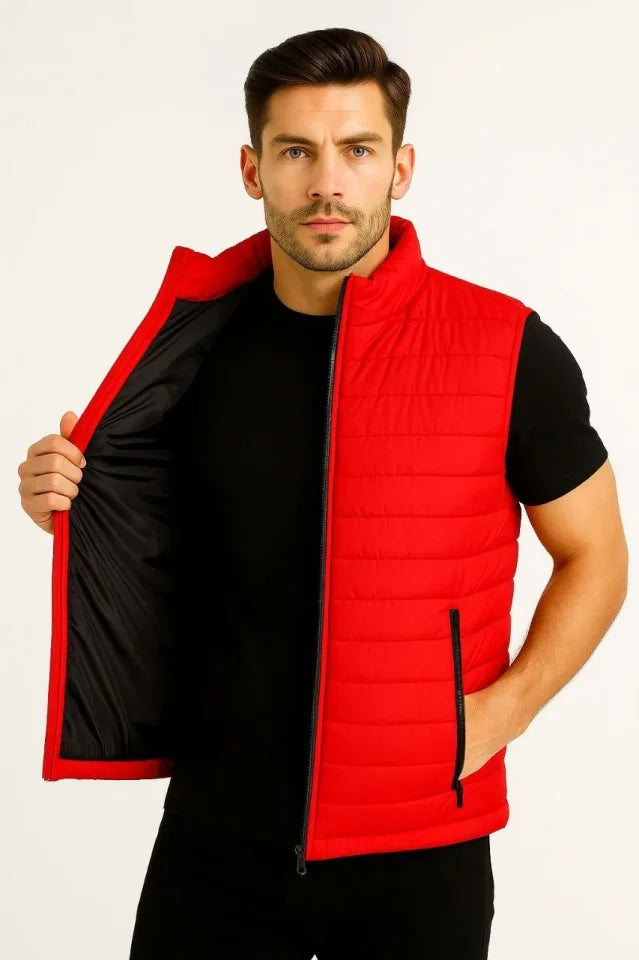 Men's Quilted Puffer Zippered Vest Water-Repellent Quilted Lined Fabric with Pockets Lightweight Winter Sport Casual Fit - Red