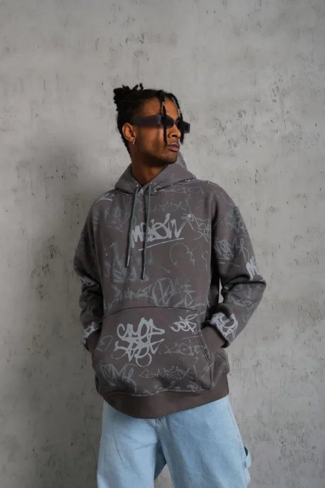 Men's Printed Hooded Sweatshirt with Ribbing - Gray