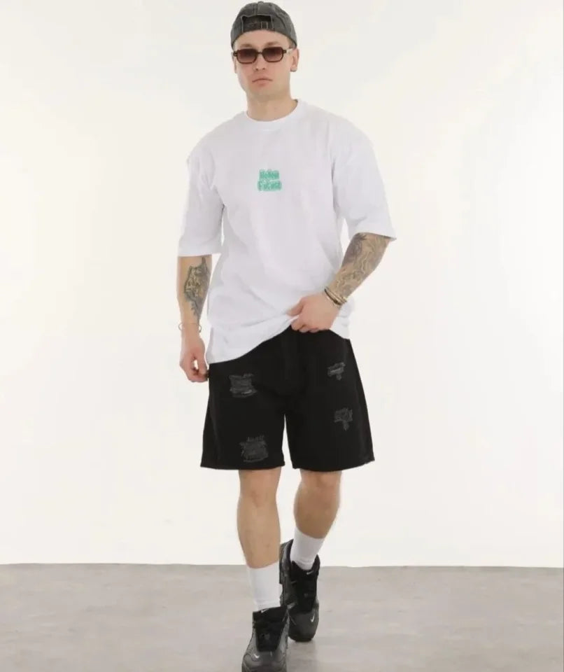 Unisex Crew Neck Printed Oversize T-Shirt - White