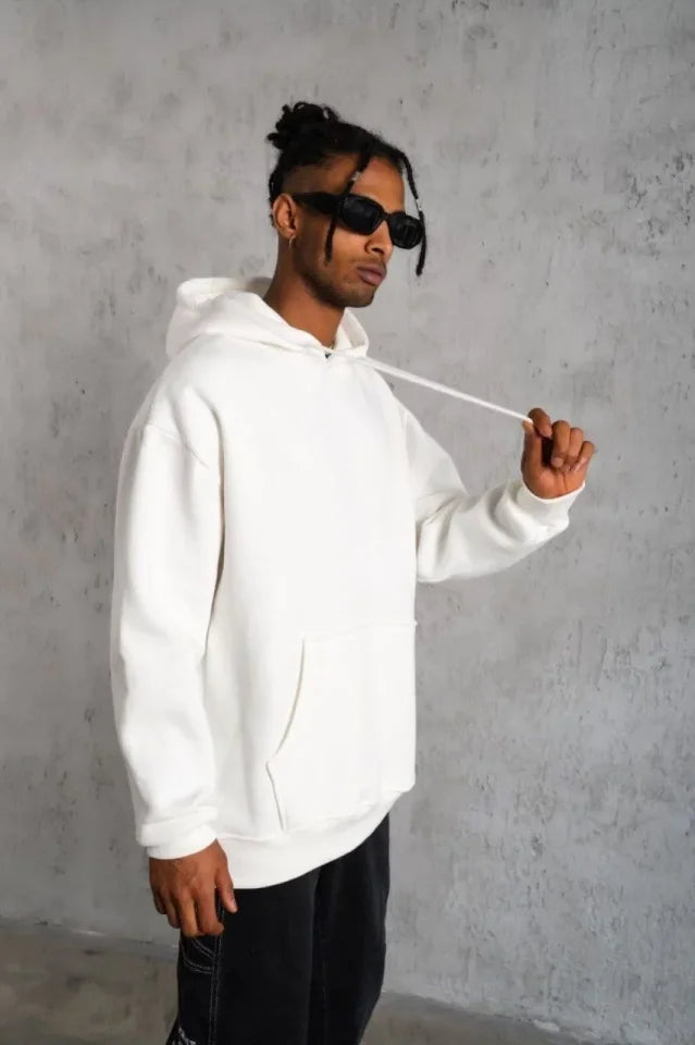 3 İplik Kapşonlu Sweatshirt Hoodie - Beyaz