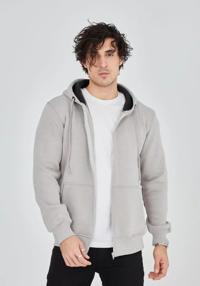 Unisex Tam Fermuarlı Kapüşonlu SweatShirt - Boyalı Gri