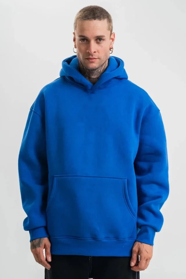 Men's Saks Blue Double Oversize Triple Thread Cotton Hooded Kangaroo Pocket Sweatshirt Hoodie - Saks Blue