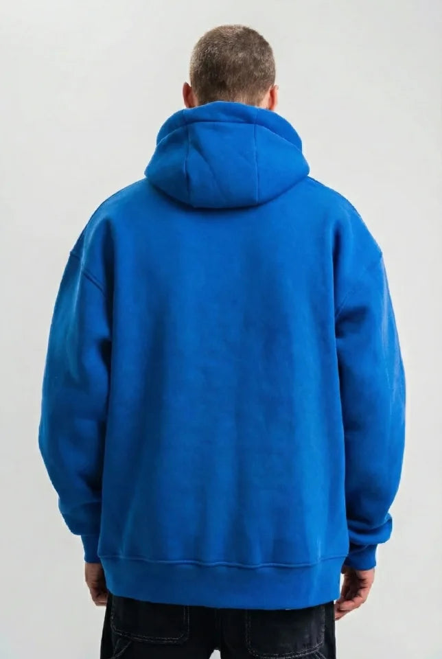 Men's Saks Blue Double Oversize Triple Thread Cotton Hooded Kangaroo Pocket Sweatshirt Hoodie - Saks Blue