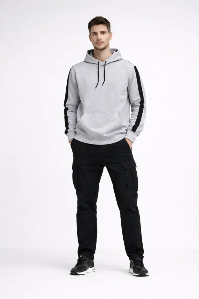 Erkek Şeritli Kapüşonlu Sweatshirt Oversize 3 Iplik Pamuklu - Beyaz