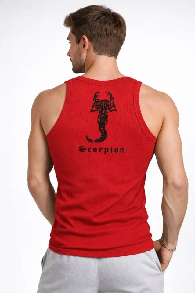 Erkek Fitilli Atlet Sıfır Yaka Slim Fit Arka Baskılı Spor Atlet - Kırmızı