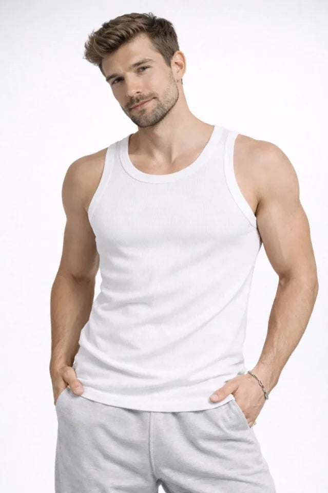 Erkek Fitilli Atlet Sıfır Yaka Slim Fit Arka Baskılı Spor Atlet - Beyaz