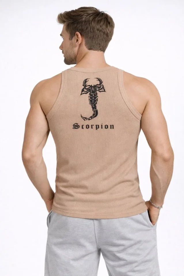 Men's Ribbed Tank Top Zero Collar Slim Fit Back Printed Sports Tank - Beige