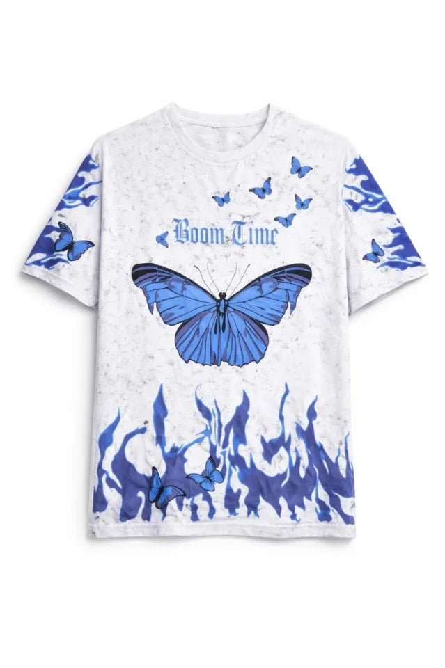 Asit Yıkamalı Oversize Tişört Mavi Kelebek Baskılı Dijital Print Bisiklet Yaka Streetwear T-Shirt - Beyaz