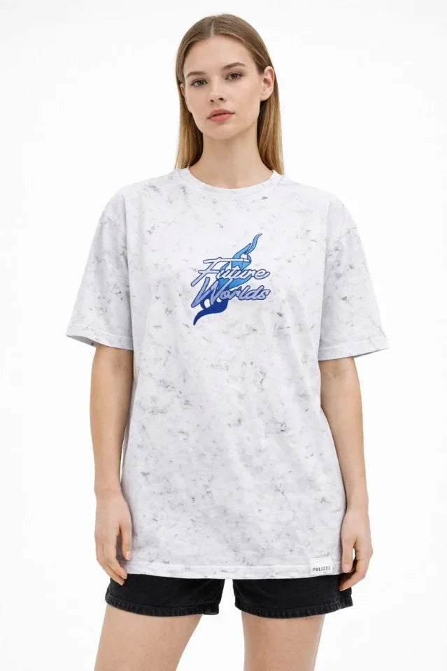 Asit Yıkamalı Oversize Tişört Future Worlds Baskılı Bisiklet Yaka Kısa Kollu Streetwear %100 Pamuk Street Style T-Shirt - Beyaz