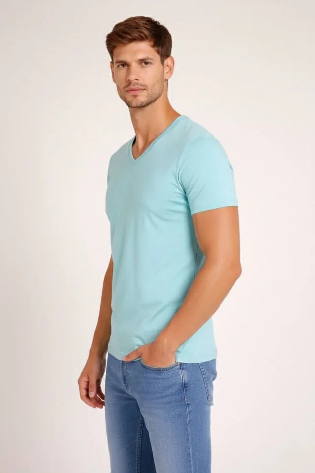Men's T-Shirt V-Neck Slim Fit Tight Cut Stretchy T-shirt Daily Basic Body - Turquoise  