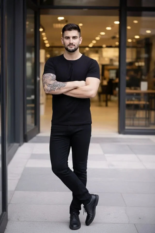 Erkek T-Shirt Bisiklet Yaka Slim Fit Dar Kesim Likralı Tişört Günlük Basic Body - Siyah