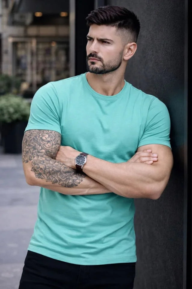 Men's T-Shirt Crew Neck Slim Fit Tight Cut Stretchy T-shirt Daily Basic Body - Turquoise  
