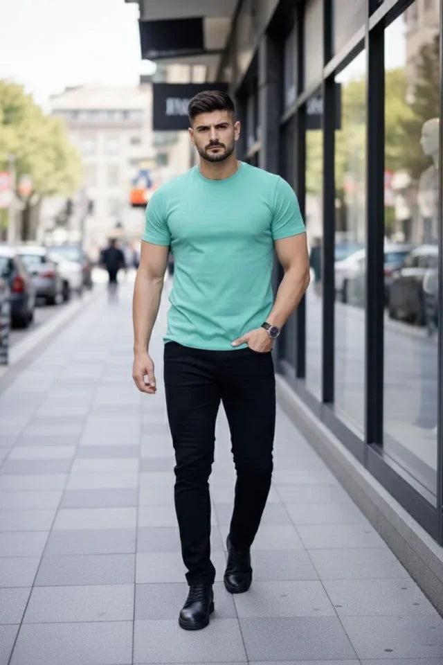 Men's T-Shirt Crew Neck Slim Fit Tight Cut Stretchy T-shirt Daily Basic Body - Turquoise  