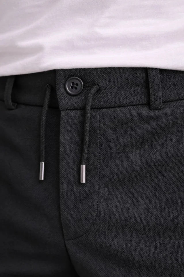 Erkek Diagonel Mikro Dokulu Duble Paça Cepli Pantolon Bağcıklı Bel, Modern Kesim - Siyah