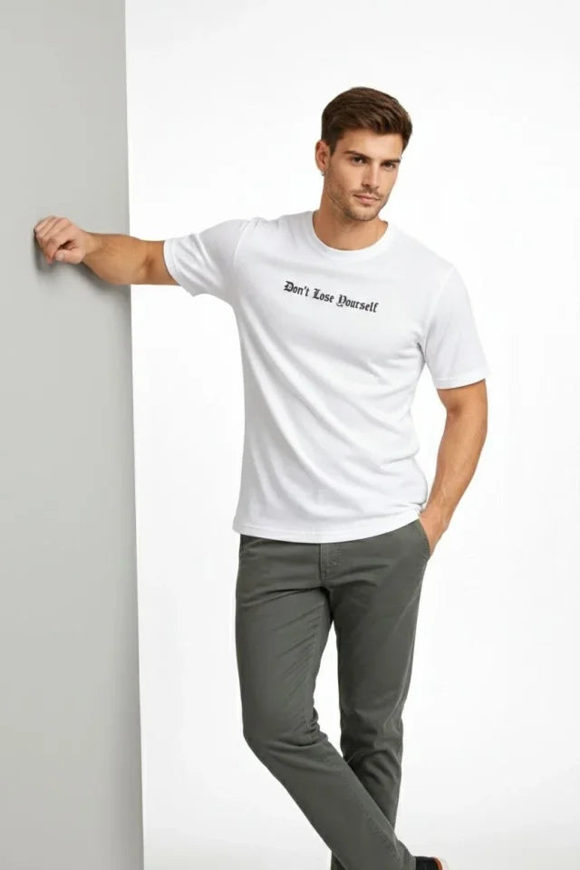 Men's Waffle Fabric T-Shirt Regular Fit Crew Neck Printed Daily Basic T-Shirt - White