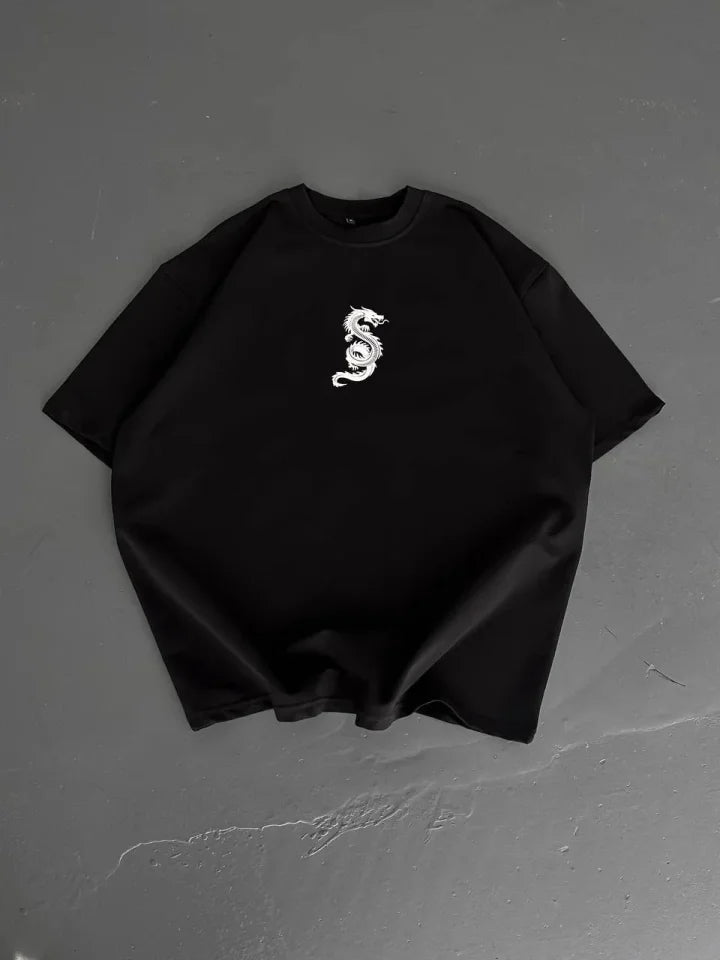 Baskılı Oversize Bisiklet Yaka T-shirt - Siyah