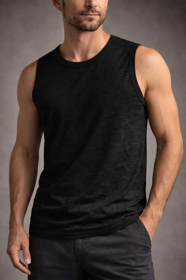 Men’s Flame Fabric Sleeveless Tank Top, Basic Sports Top, Suitable for Everyday and Fitness Use – Black