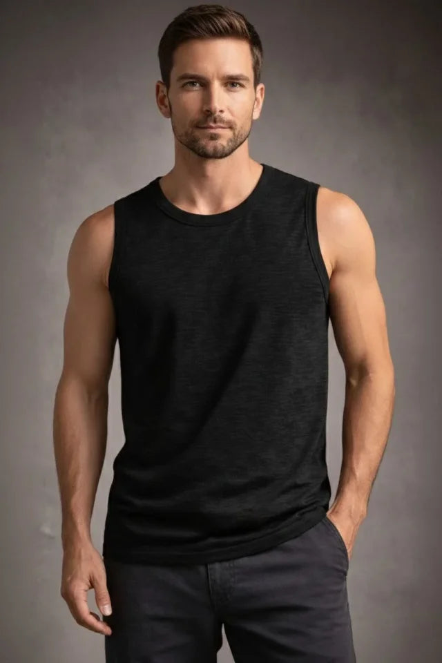 Men’s Flame Fabric Sleeveless Tank Top, Basic Sports Top, Suitable for Everyday and Fitness Use – Black