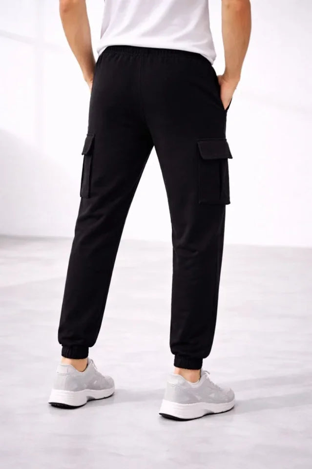 Erkek Jogger Eşofman Altı Regular Fit , Kargo Cepli, Lastikli Paça, Günlük Spor Pantolon - Siyah