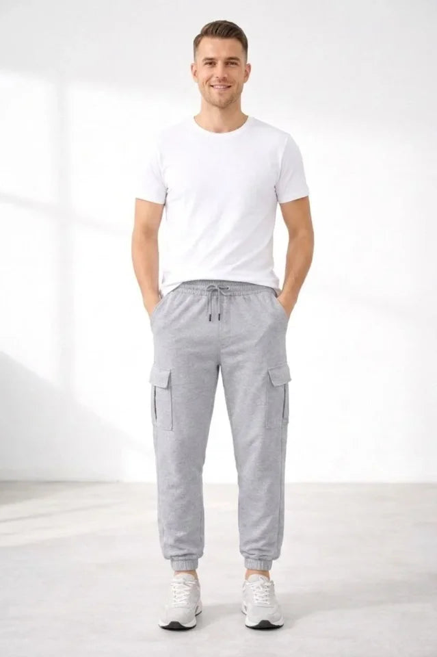 Erkek Jogger Eşofman Altı Regular Fit , Kargo Cepli, Lastikli Paça, Günlük Spor Pantolon - Gri