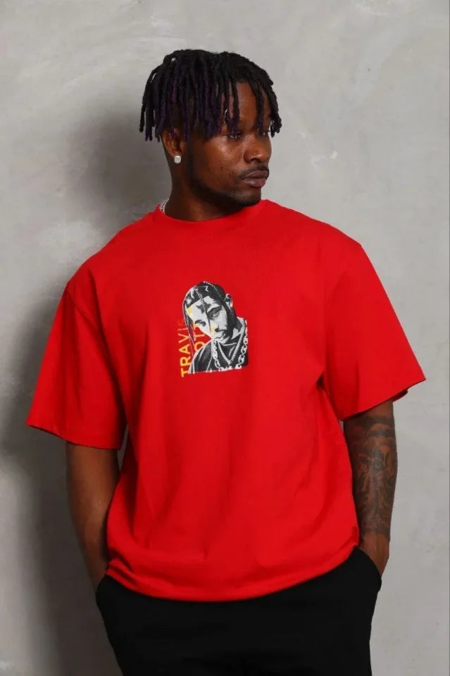 Erkek Baskılı T-Shirt Kısa Kol Bisiklet Yaka Regular Fit Rahat Kalıp Günlük Tişört - Kırmızı