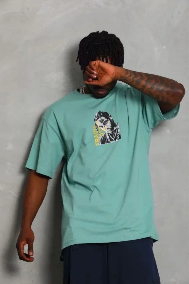 Erkek Baskılı T-Shirt Kısa Kol Bisiklet Yaka Regular Fit Rahat Kalıp Günlük Tişört - Mint Yeşili
