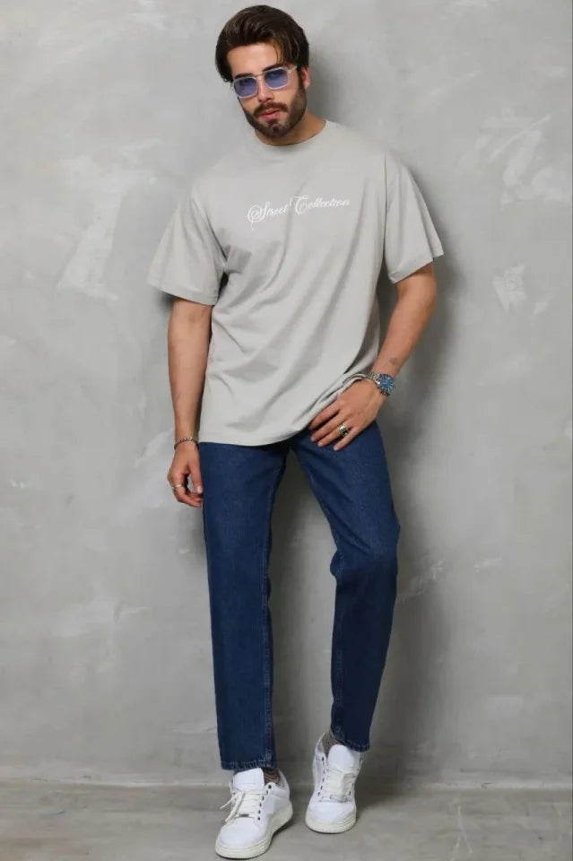 Erkek Baskılı T-Shirt Kısa Kol Bisiklet Yaka Regular Fit Rahat Kalıp Günlük Tişört - Gri